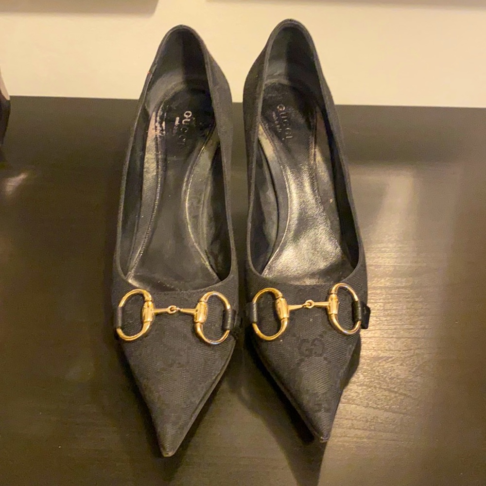 Gucci Black Canvas GG Canvas Horse-bit Pumps
